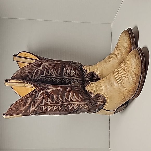 VTG Tony Lama Cowboy Boots 6520 Western Rodeo Brown Tan Leather Gold Label 7.5 D - Picture 1 of 16